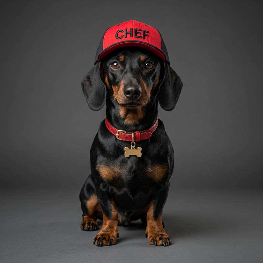 Turbo, der Werkstatt-Dackel von Nagy Works, mit roter CHEF-Mütze und Halsband