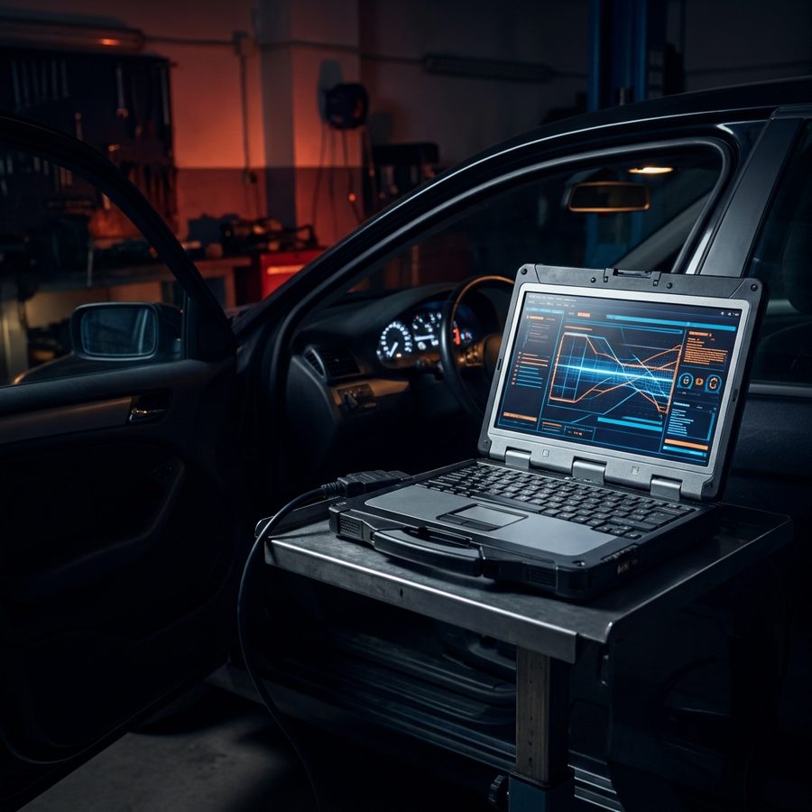 Diagnose-Laptop mit Messwerten am Fahrzeug angeschlossen
