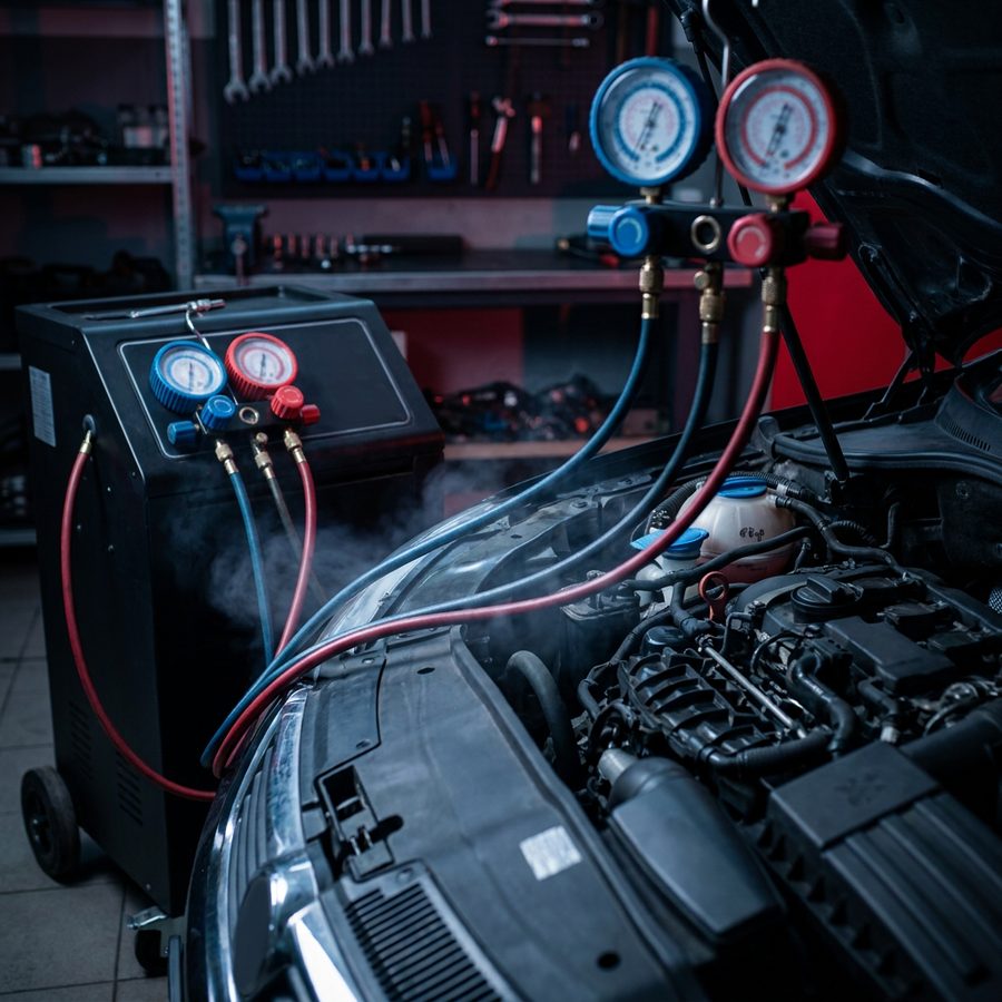 Klimaservicegerät mit Manometern am geöffneten Motorraum