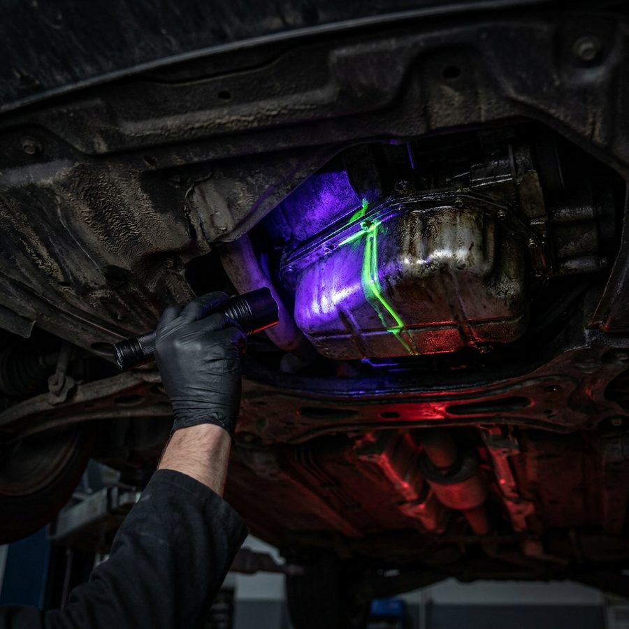 Lecksuche mit UV-Lampe am Unterboden eines Fahrzeugs
