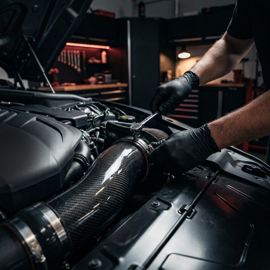 Montage eines Carbon-Ansaugsystems im Motorraum